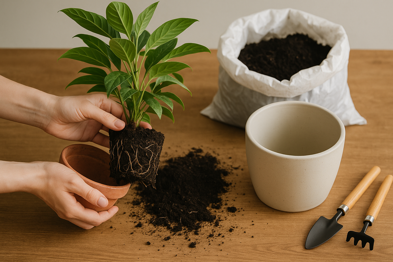 a plant being held out of its pots with the roots showing surrounded by a bag of soil, tools and a new pot