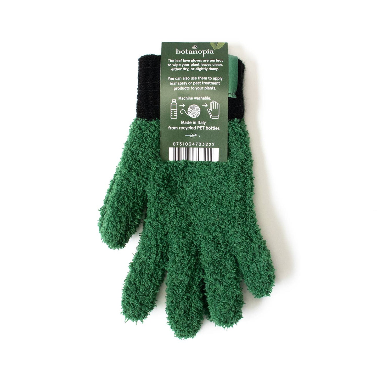 Green gardening gloves with a brand label on a white background