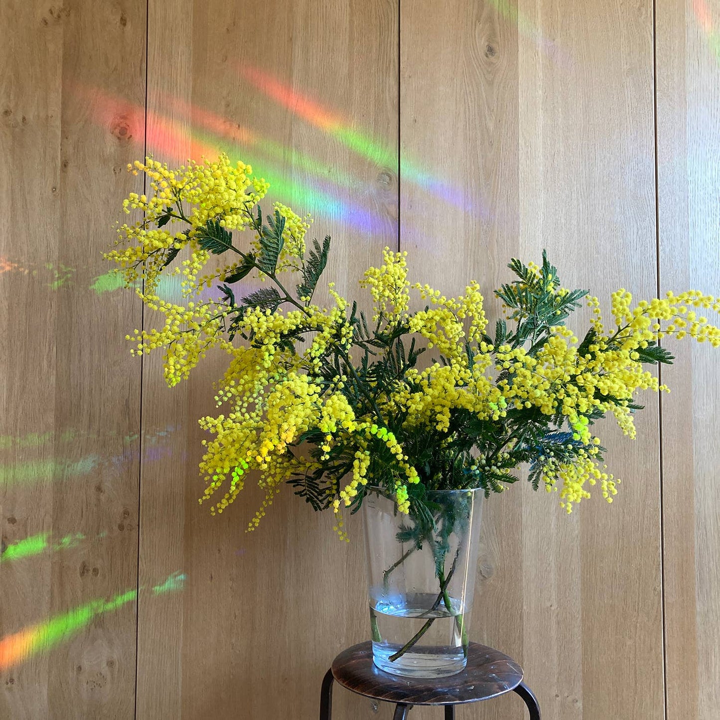 Bouquet of yellow flowers in a clear vase on a wooden stool against a wooden wall.