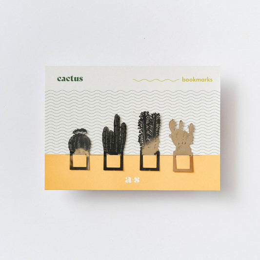 Pack of cactus-shaped bookmarks with a decorative box on a light gray background