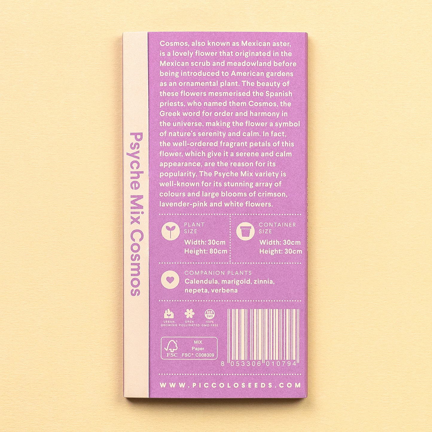 Purple seed packet with text on a beige background