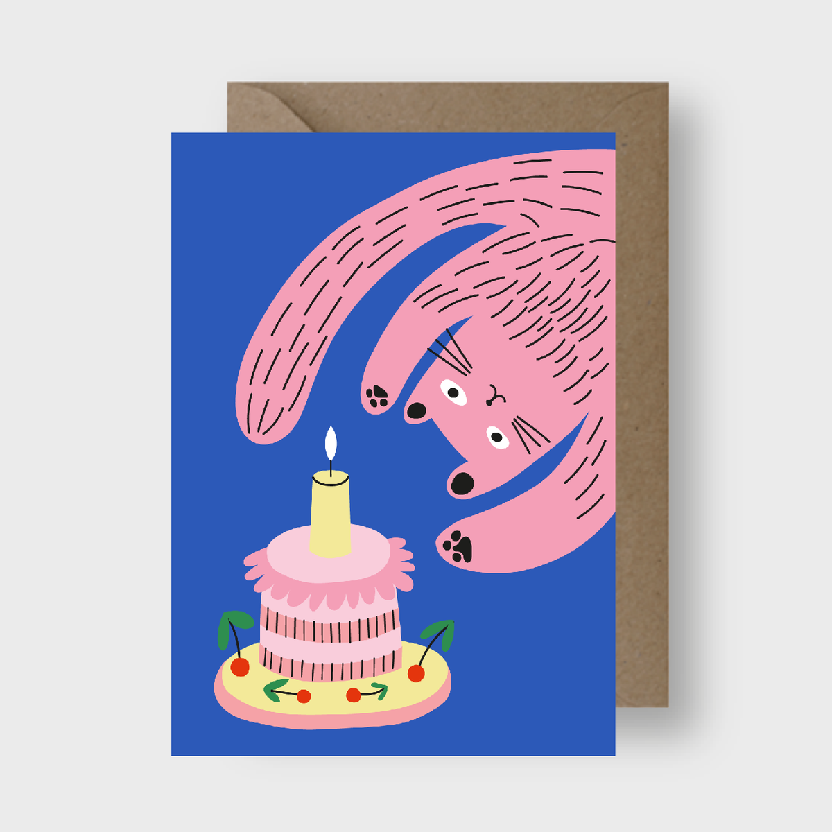 Greeting card with a pink cat reaching towards a birthday cake with a lit candle on a blue background.