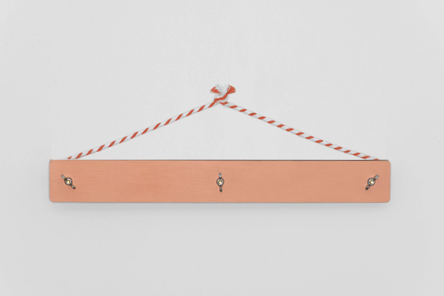 Wooden shelf with three hooks on a light gray background