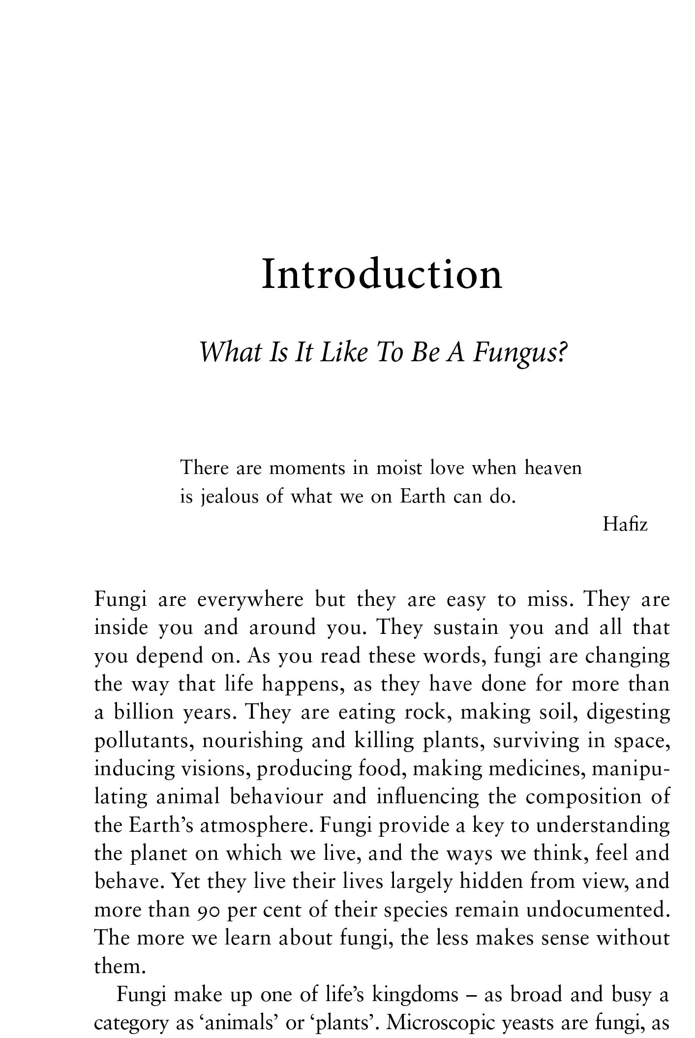 Text document with an introduction about fungi and a Hafiz quote on a white background