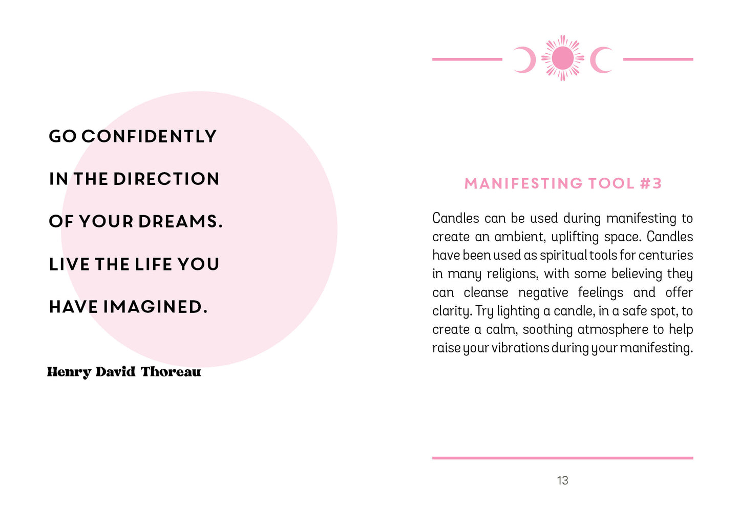 Page from a book with motivational quote and candle information on a white background