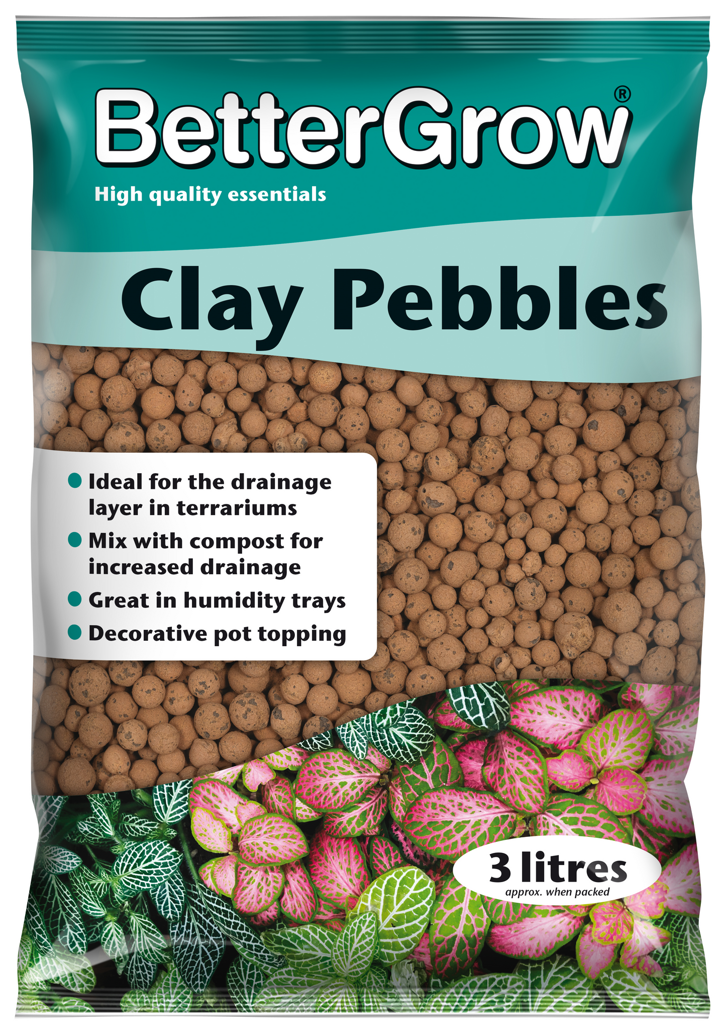 Bag of BetterGrow Clay Pebbles with product details on a green background
