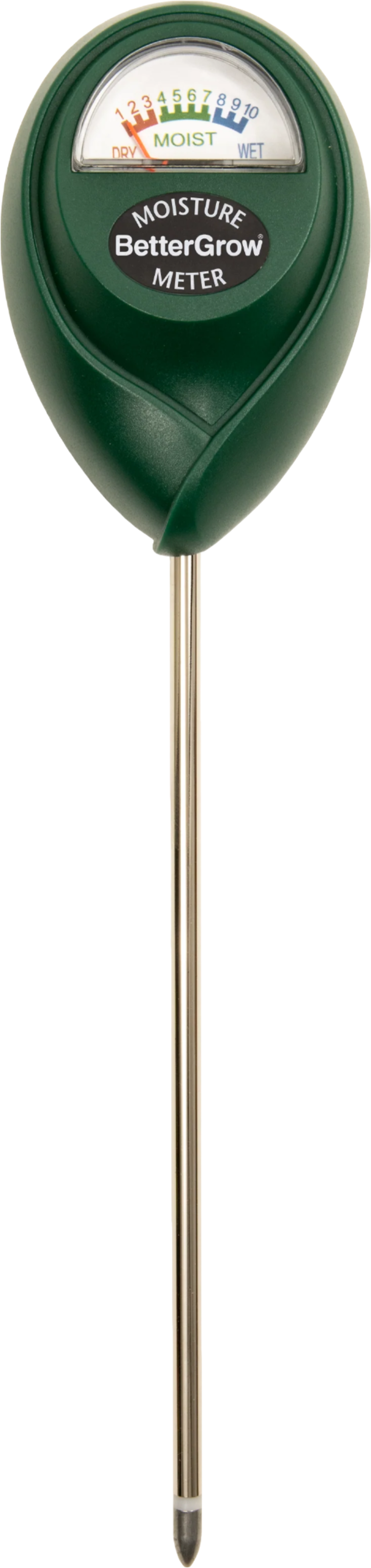 Moisture meter with a green casing and silver probe on a white background