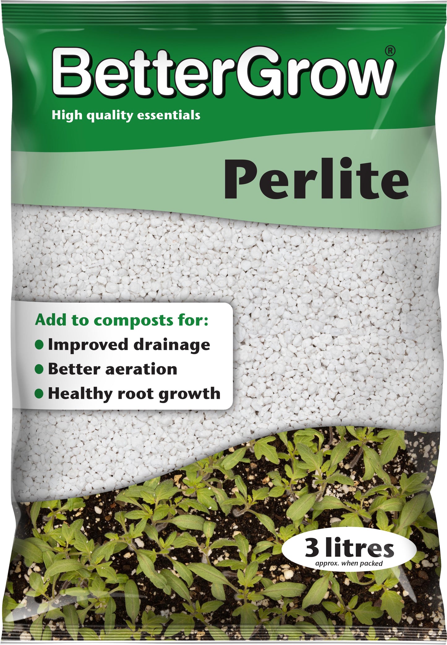 Bag of BetterGrow perlite with text on its packaging