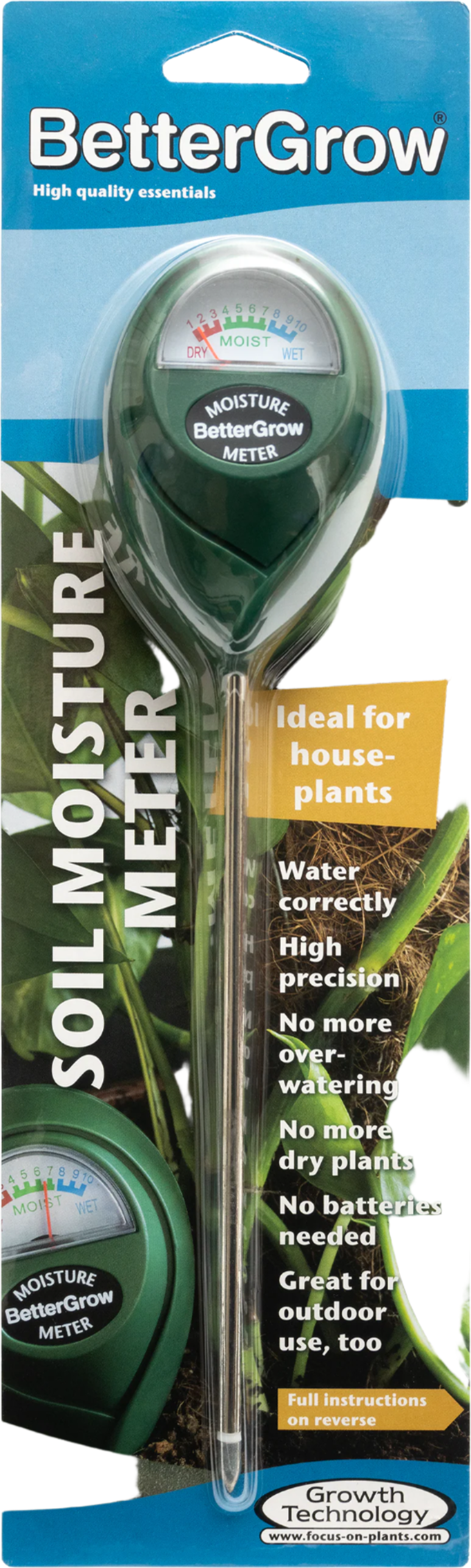 Soil moisture meter with packaging labeled 'BetterGrow' on a white background
