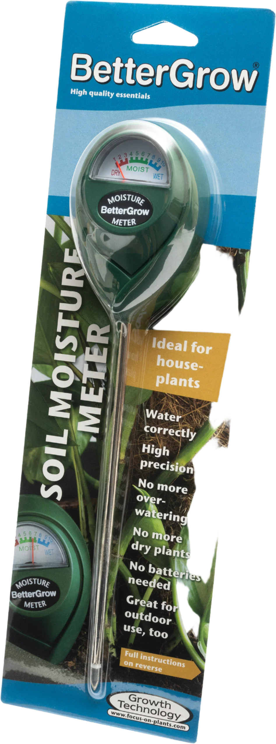 BetterGrow soil moisture meter packaging with text and images of a plant.