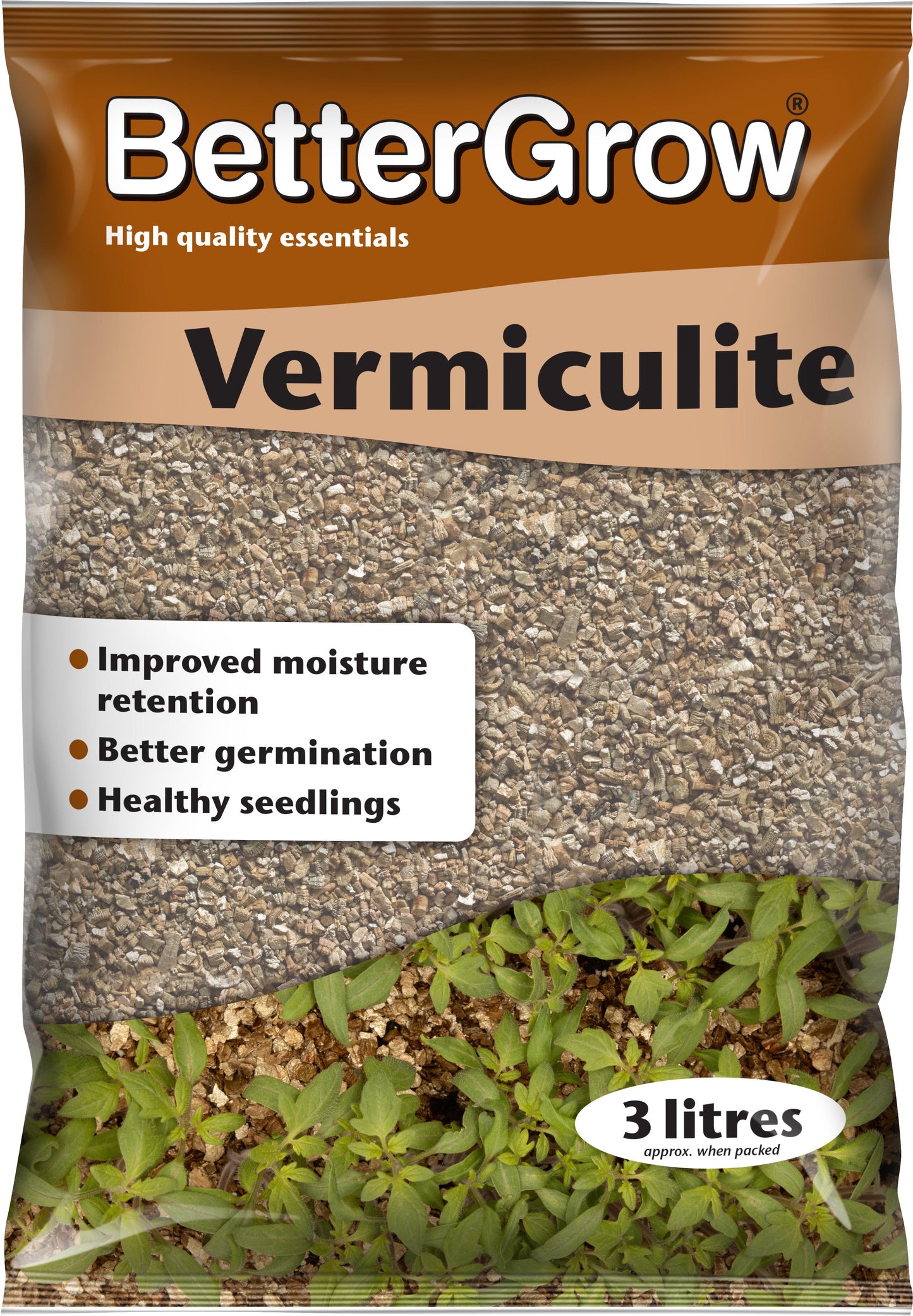 BetterGrow vermiculite packaging with text about benefits and quantity