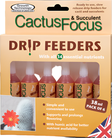 Cactus Focus drip feeders packaging with text and images of cacti on a beige background