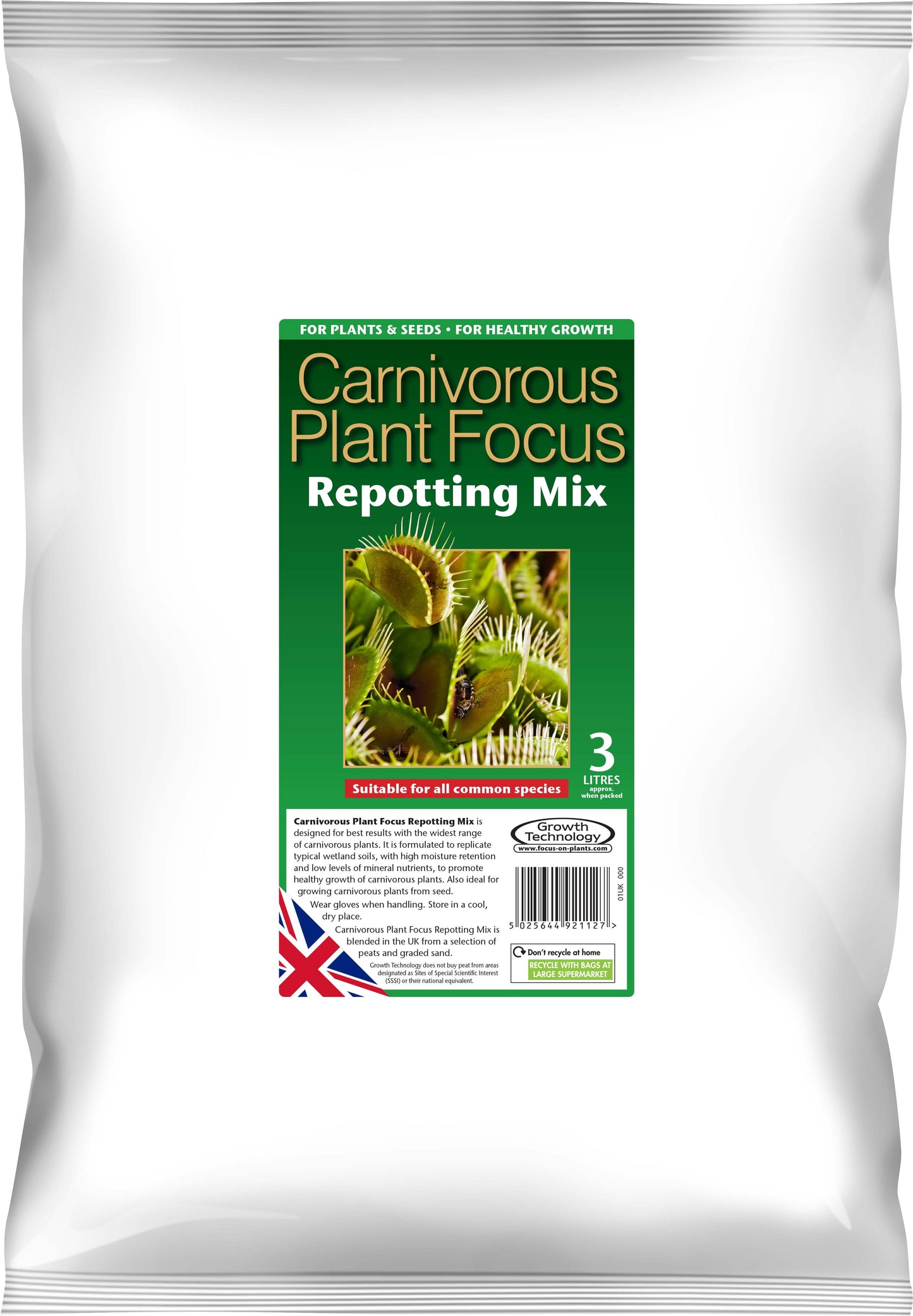 Bag of Carnivorous Plant Focus Repotting Mix with a label on a white background