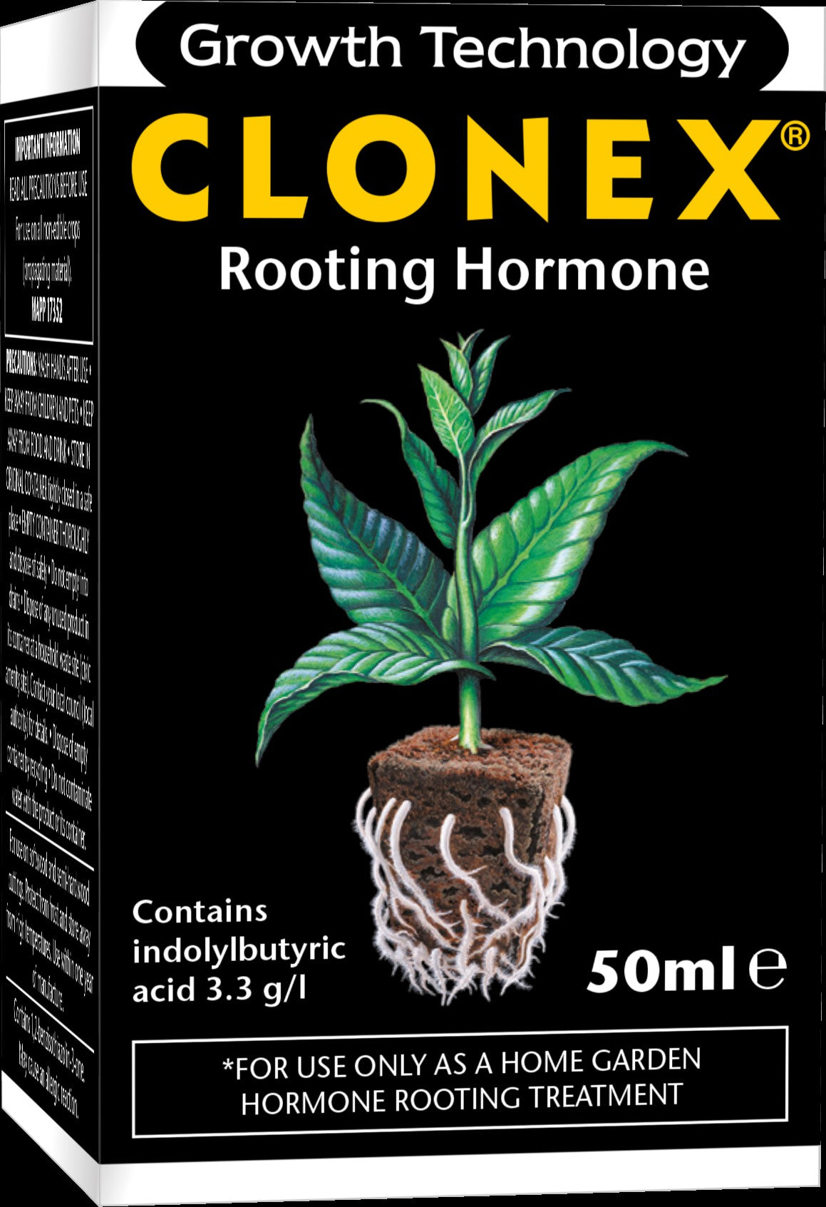 Clonex Rooting Hormone packaging with a plant illustration on a black background