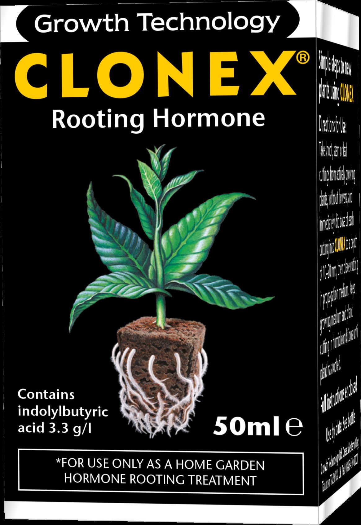 Box of Clonex Rooting Hormone with plant illustration on a black background