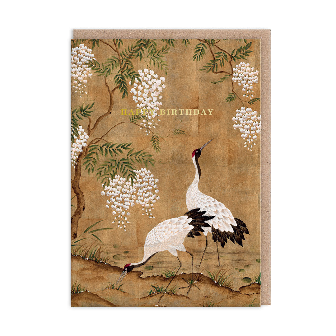 Greeting card with a crane and floral design on a textured background