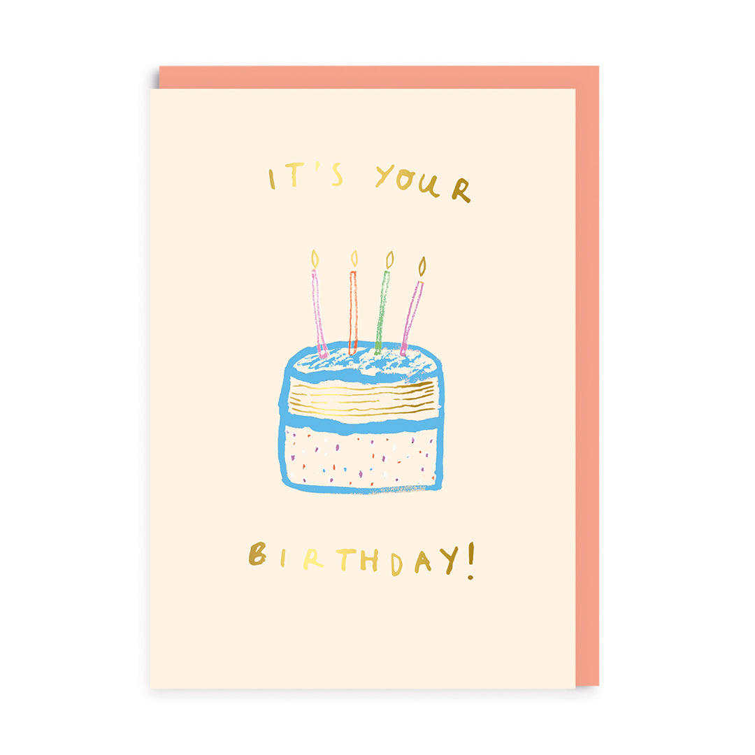 Birthday card with a cake illustration and colorful candles on a white background