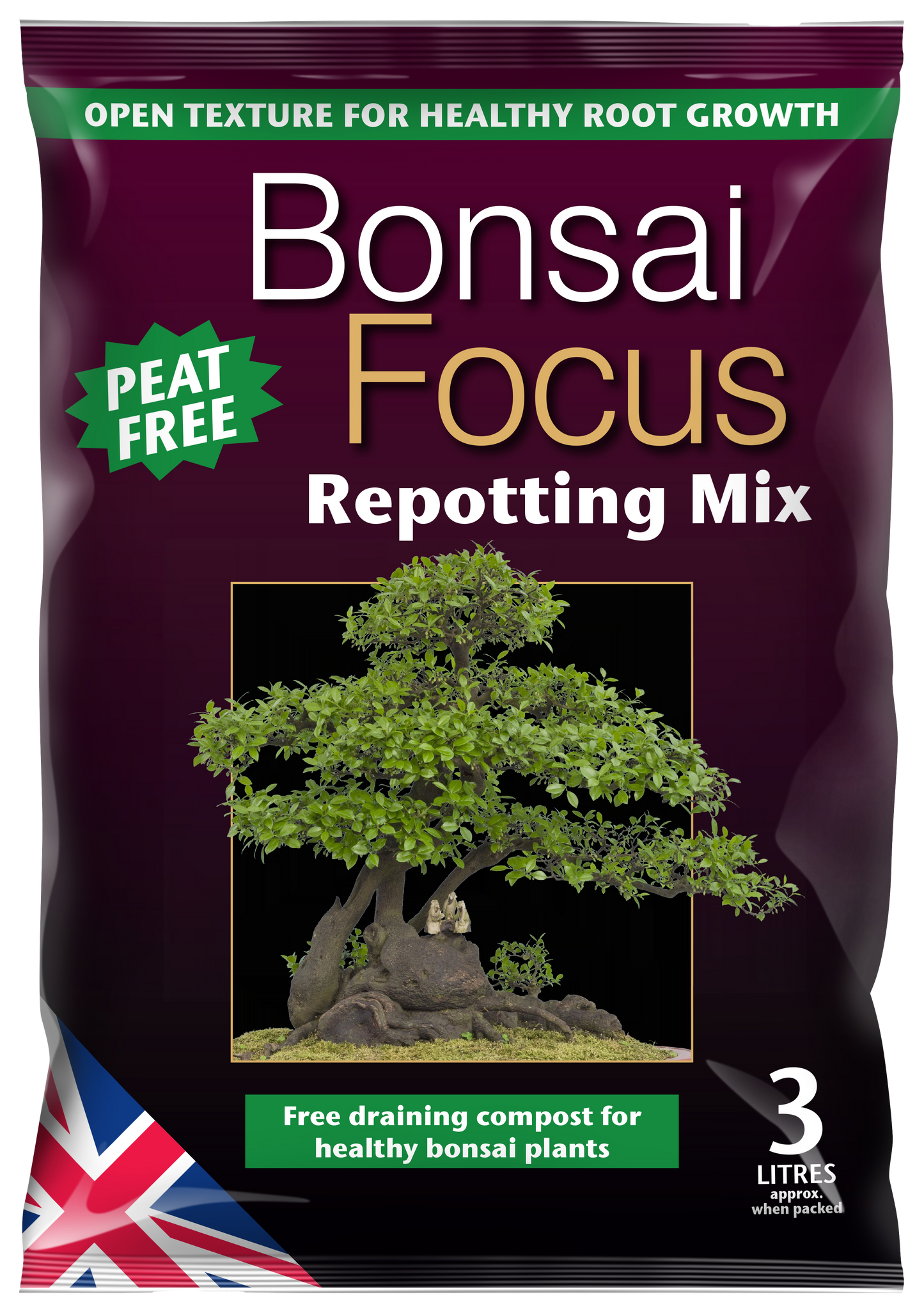 Bonsai Focus repotting mix packaging with a tree image on a dark purple background