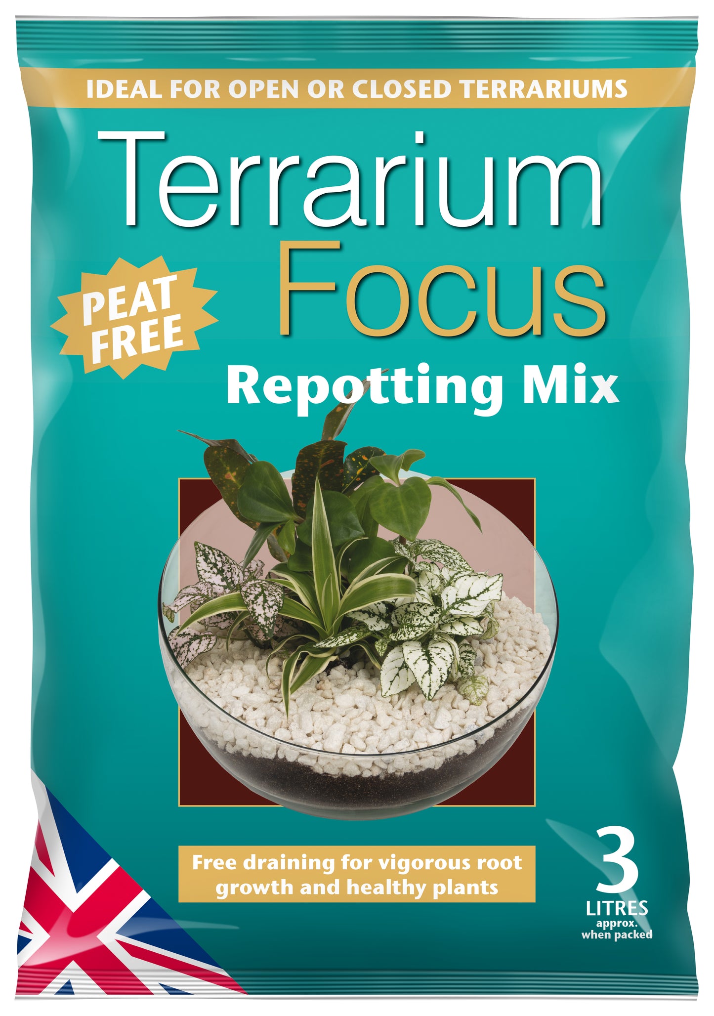 Terrarium Focus Repotting Mix packaging with text and a terrarium image on a teal background.