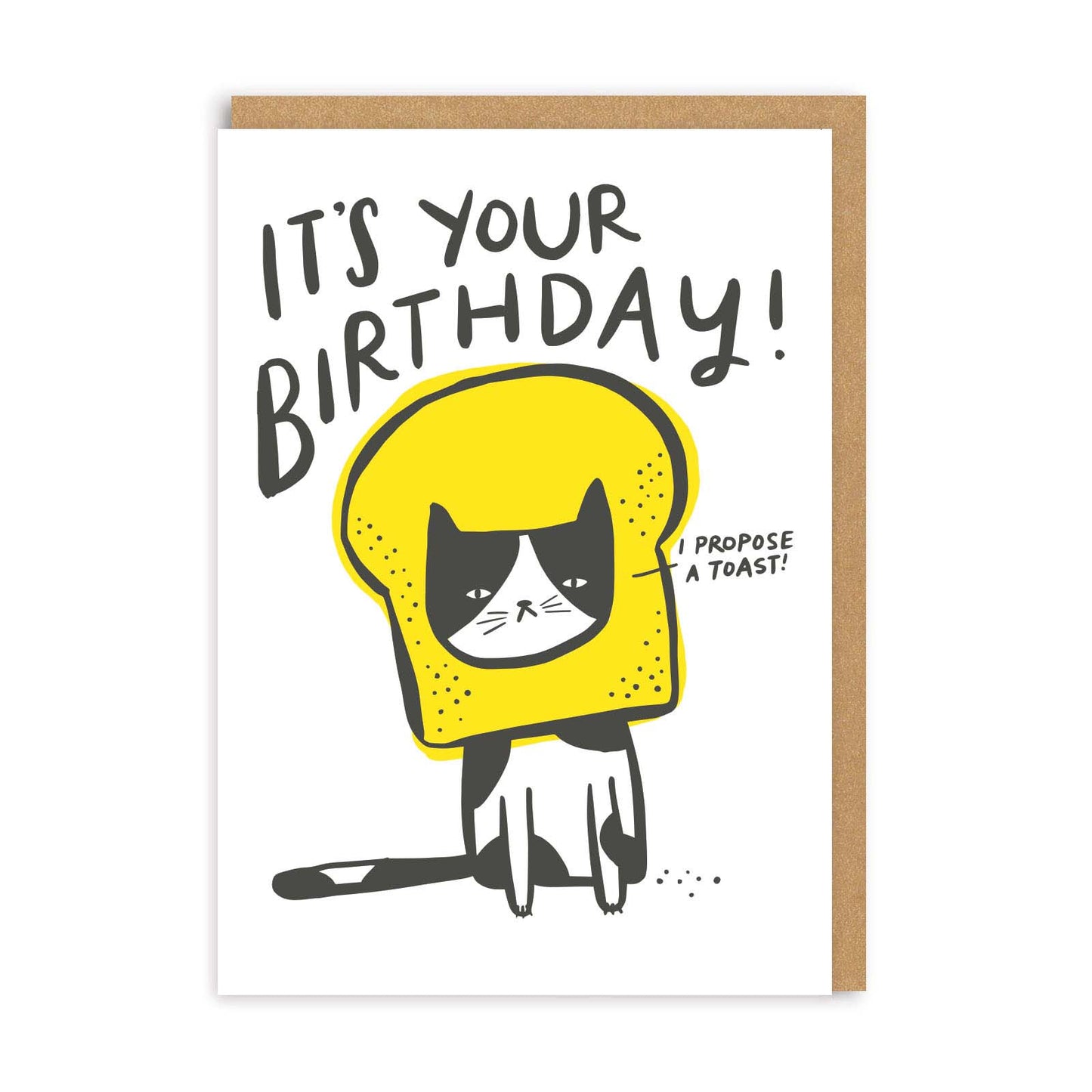 Birthday card with a cat in a yellow helmet and toast design, featuring text 'It's your birthday! I propose a toast!'.