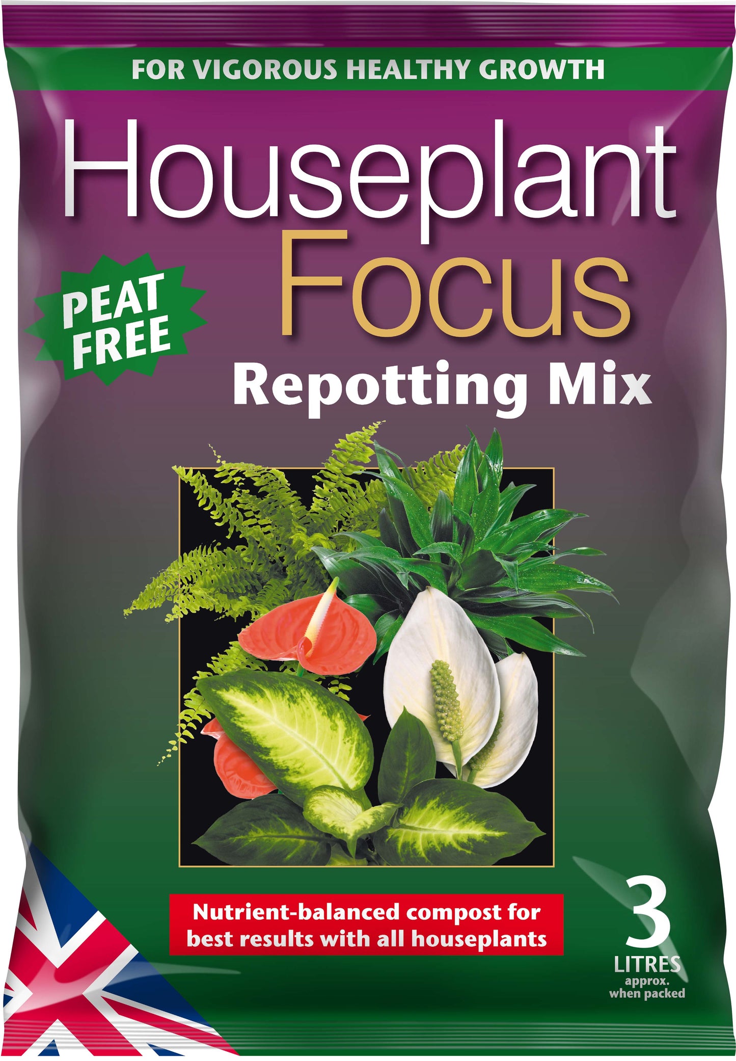 Bag of Houseplant Focus Repotting Mix with plant images and text on a purple background