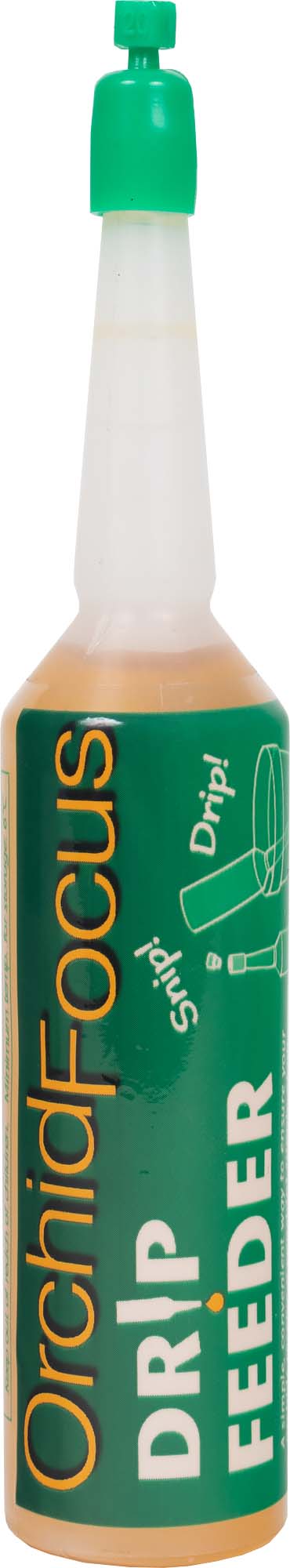 Orchid Focus Drip Feeder bottle with green cap on a white background