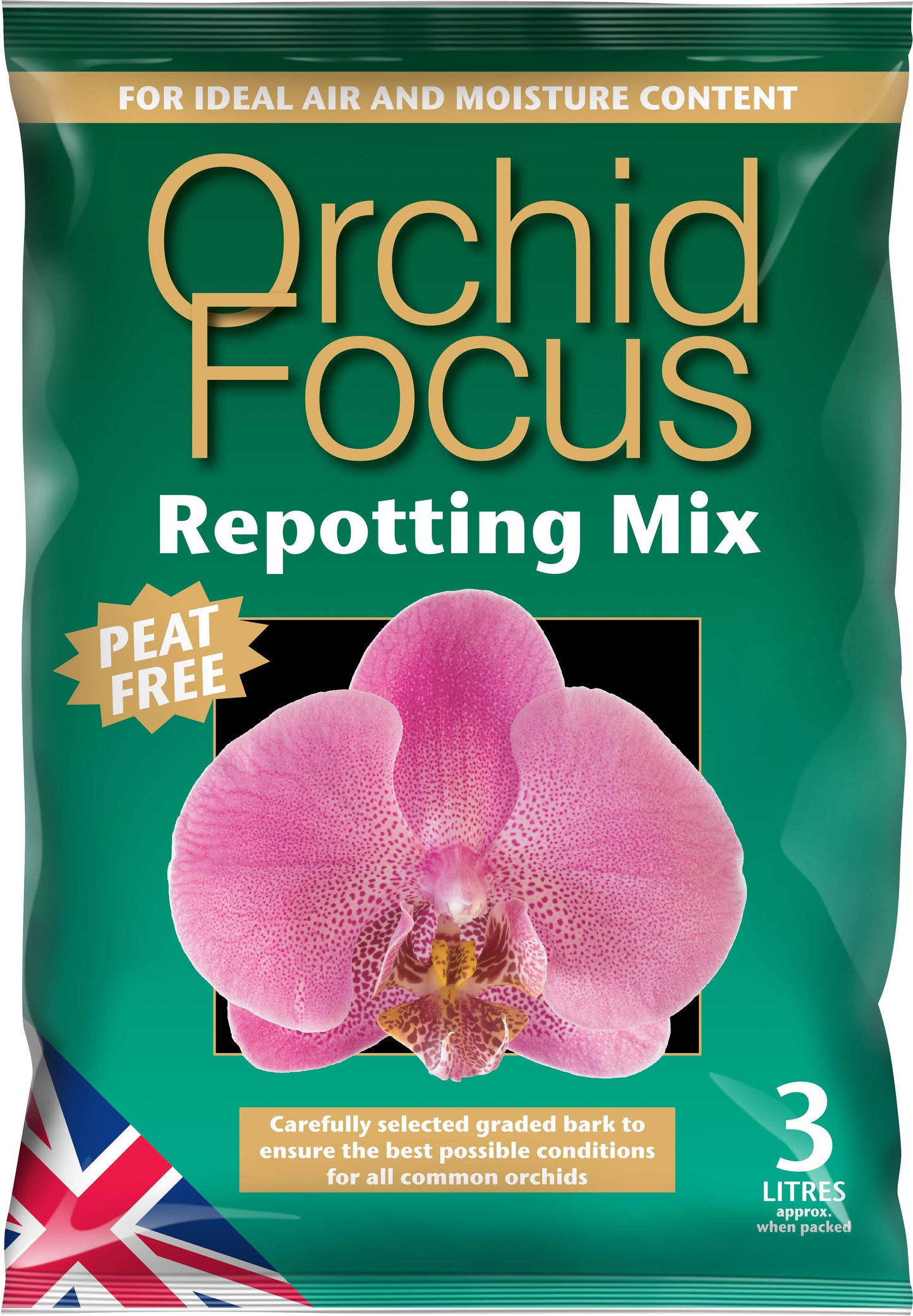 Orchid Focus repotting mix packaging with a pink orchid on a green background