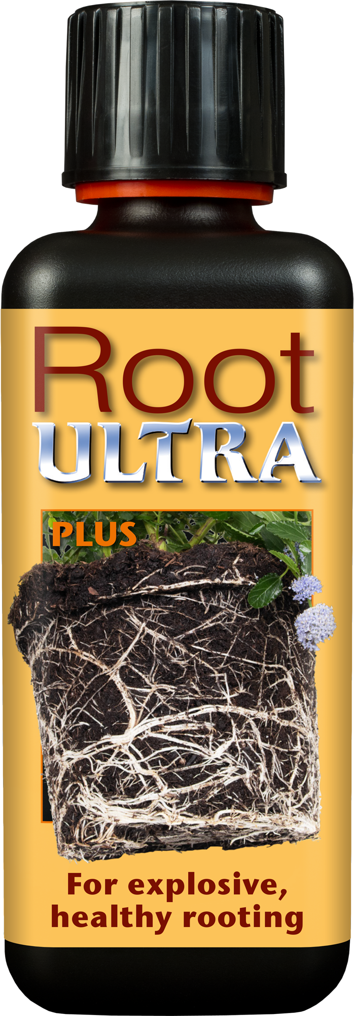 Root Ultra Plus bottle with root growth illustration on a yellow background