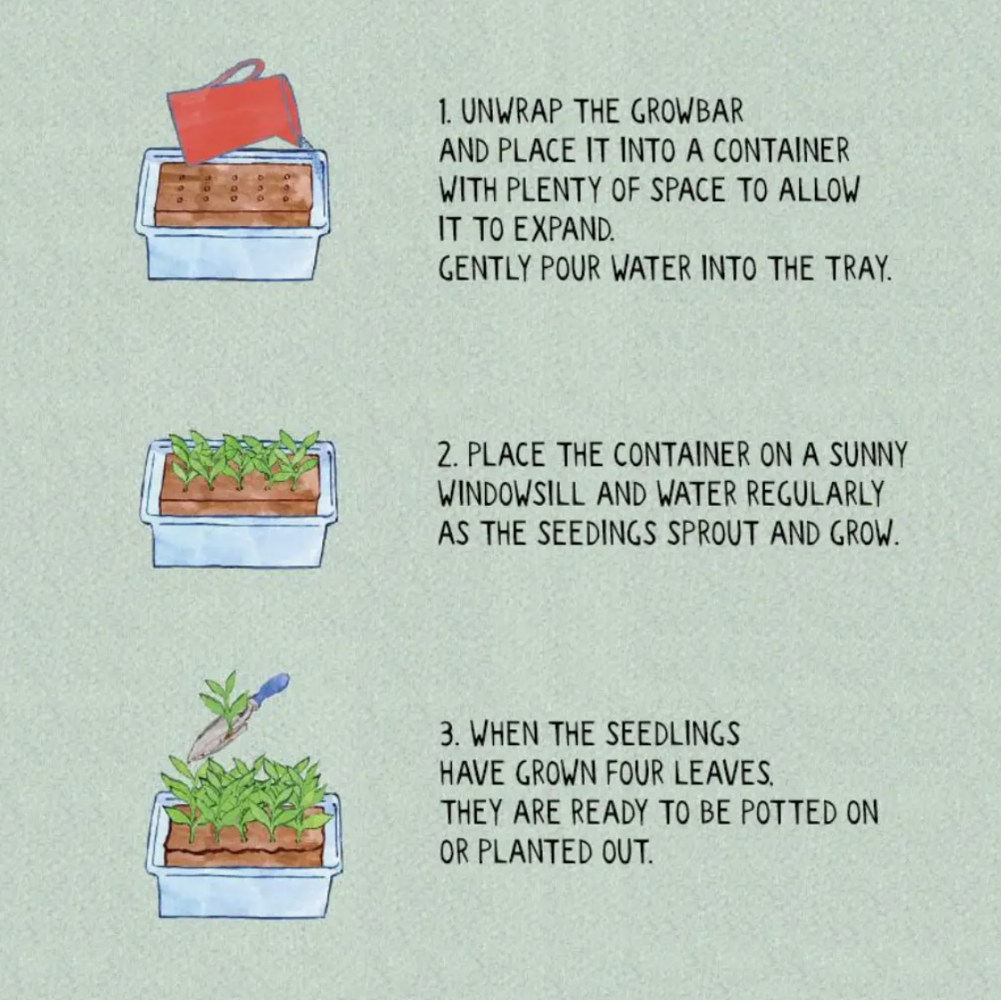 Instructions for using a growbar with illustrations of plant growth stages on a light green background.