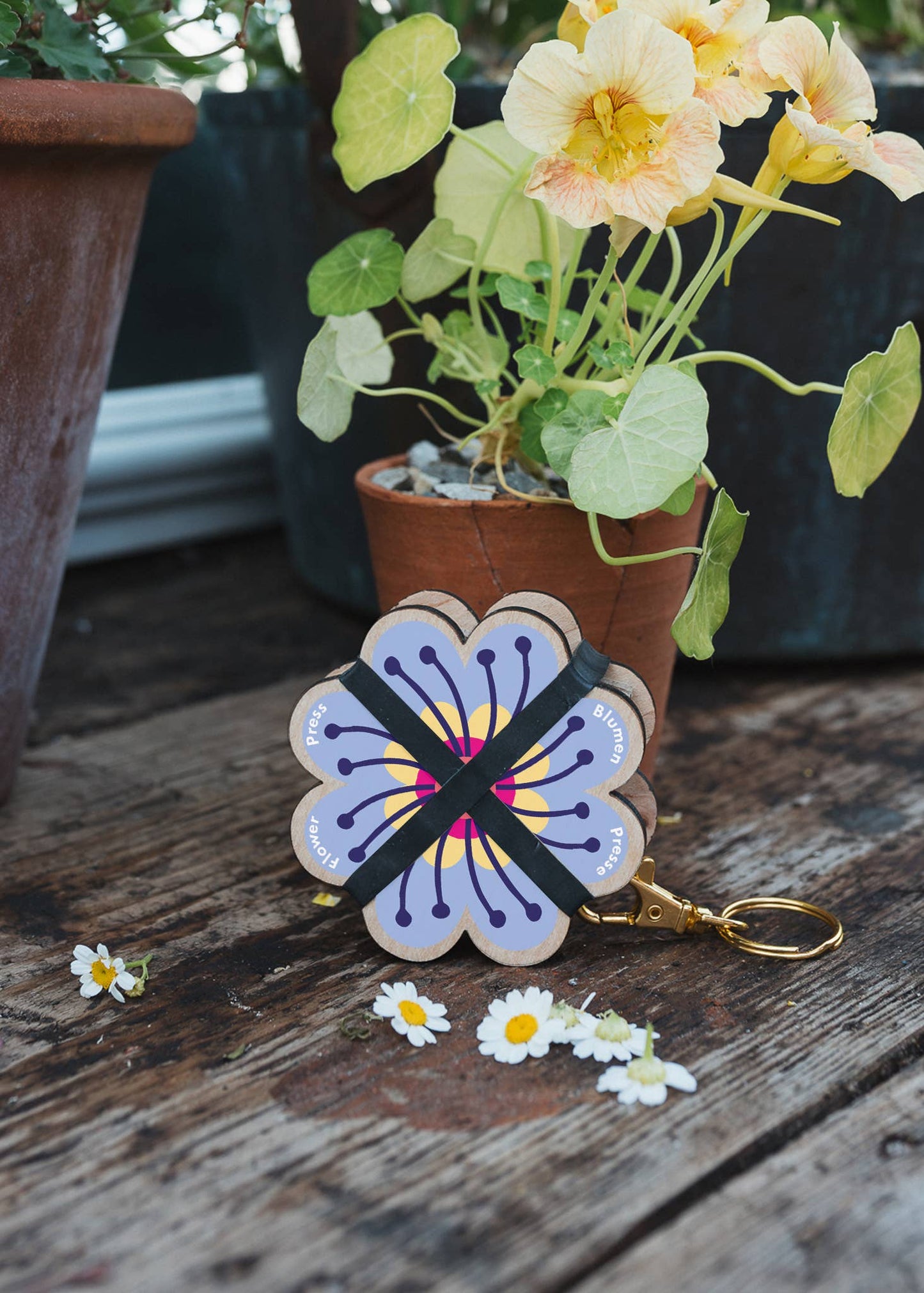 Floral keychain with a pot of flowers on a wooden surface