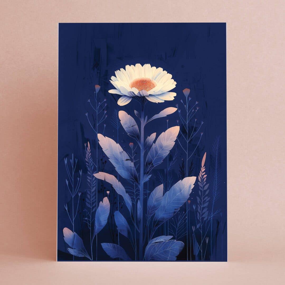 Floral artwork with a white flower and blue leaves on a dark blue background