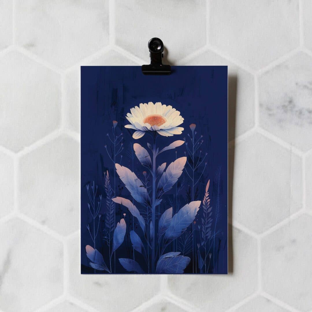 Floral artwork on a blue background with a white flower, clipped to a white tiled wall.
