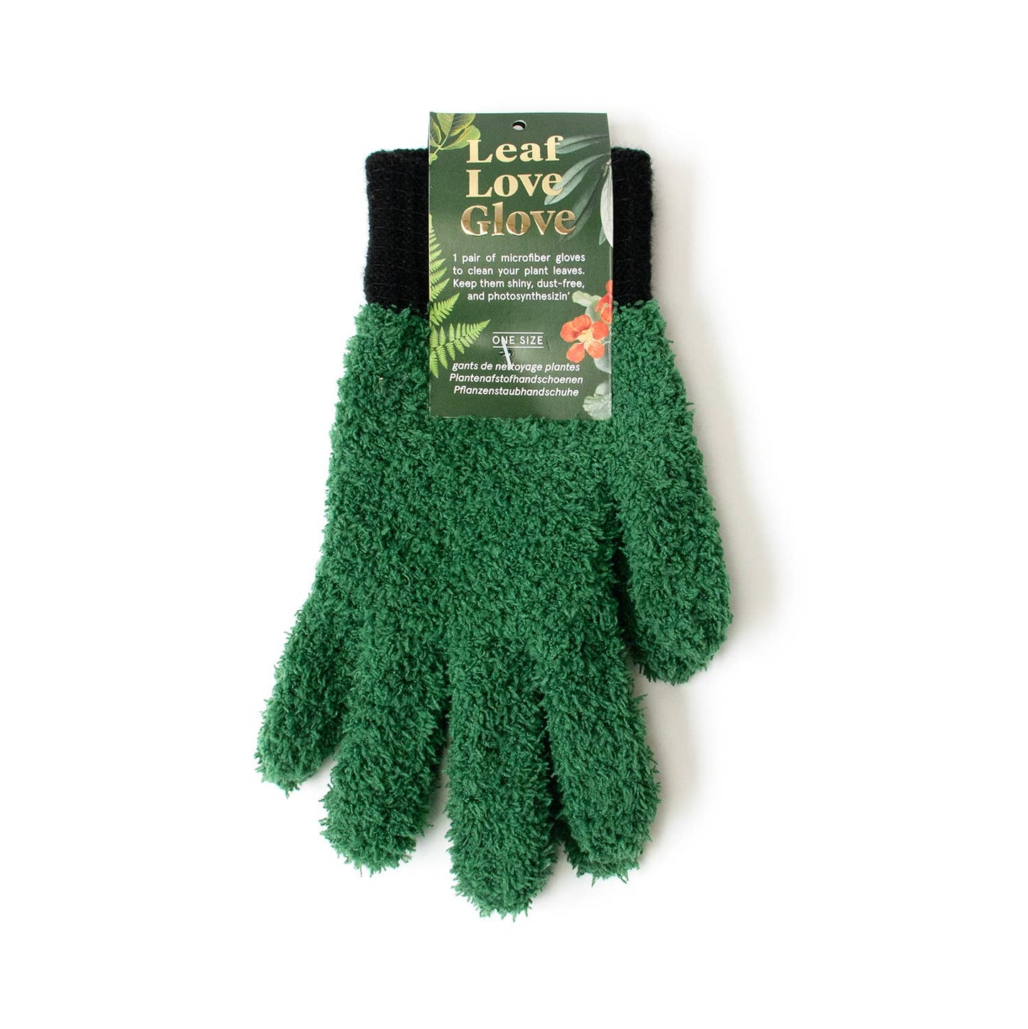 Green gardening glove with black cuff on a white background, featuring 'Leaf Love Glove' packaging.