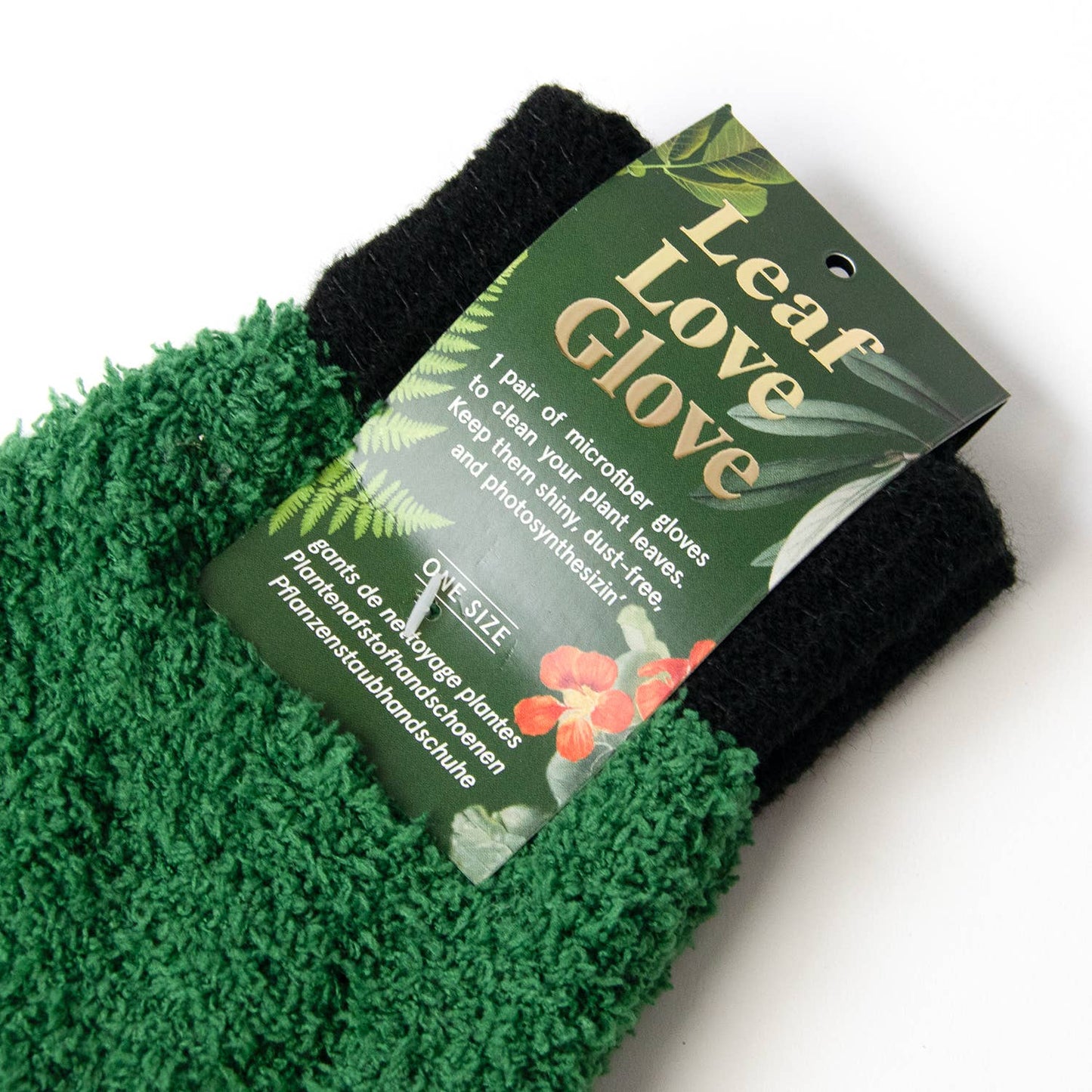 Green plant cleaning glove with 'Leaf Love Glove' packaging on a white background