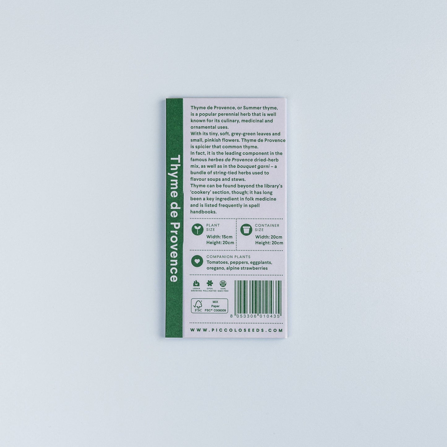 Back of a seed packet for Thyme de Provence on a light gray background