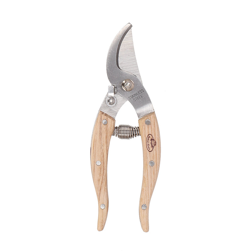 stainless steel pruners with wooden handle against a white background