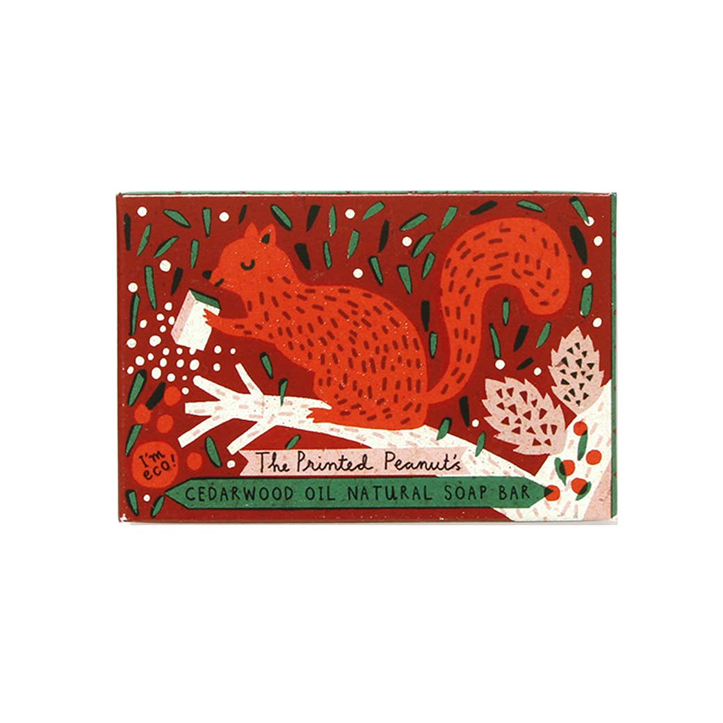 Soap bar packaging with a red squirrel design on a white background