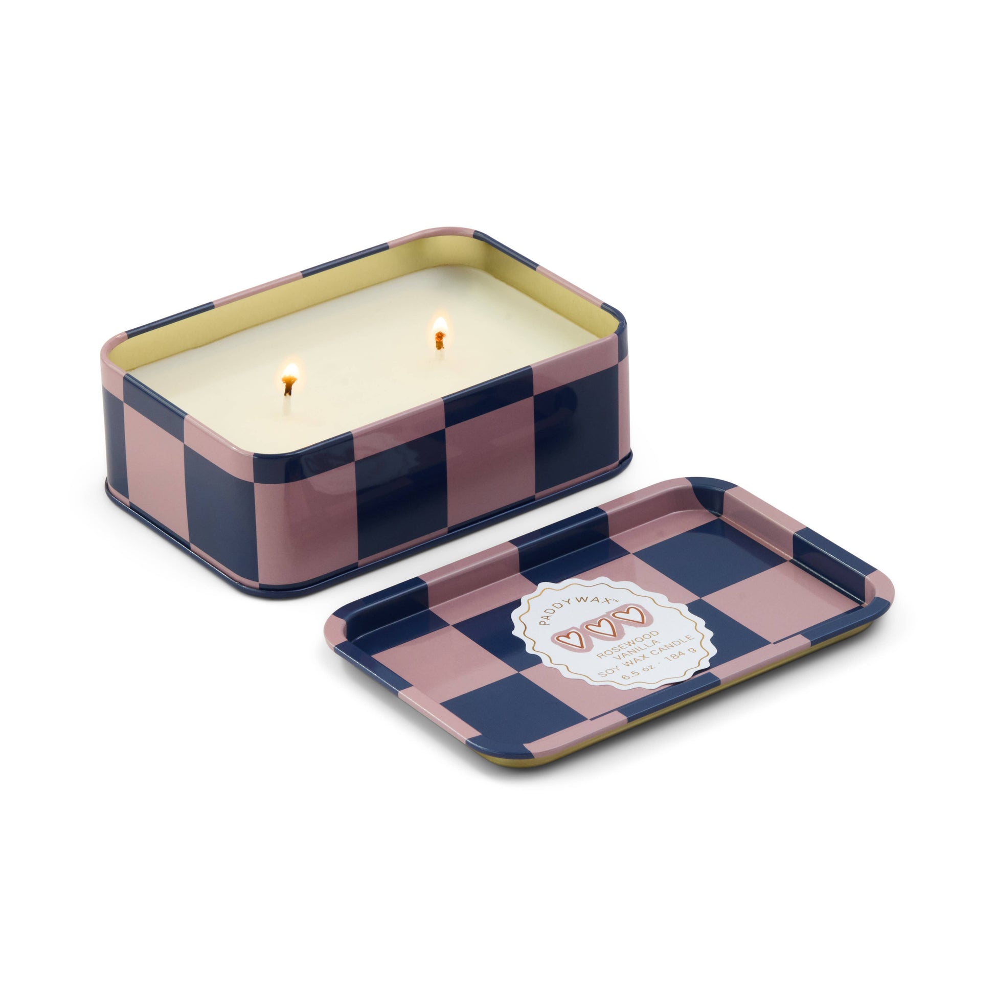 Checkered candle in a tin with a lid on a white background