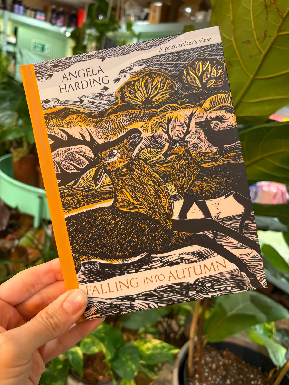 A hand holds a book titled 'Falling Into Autumn' by Angela Harding. The book cover features a detailed woodcut-style illustration of deer in a forest with autumn foliage, in black, beige, and yellow tones, with a bright orange spine.
