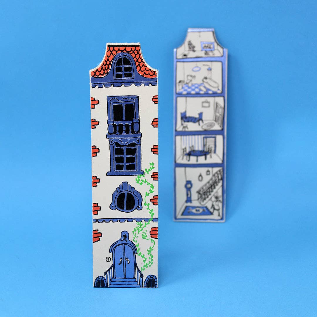 Decorative bookmarks with architectural designs on a blue background