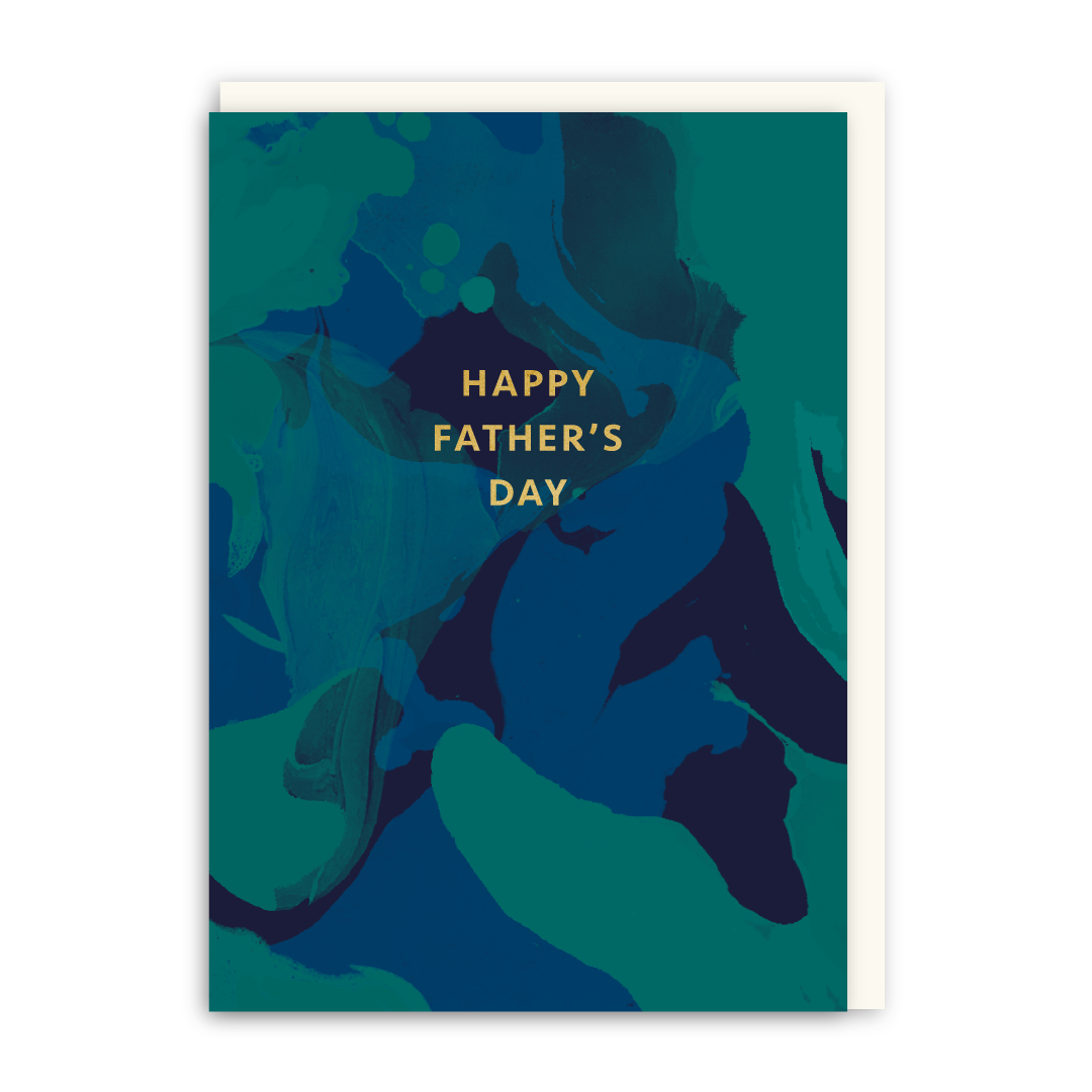 Father's Day card with abstract blue design and 'Happy Father's Day' text on a white background