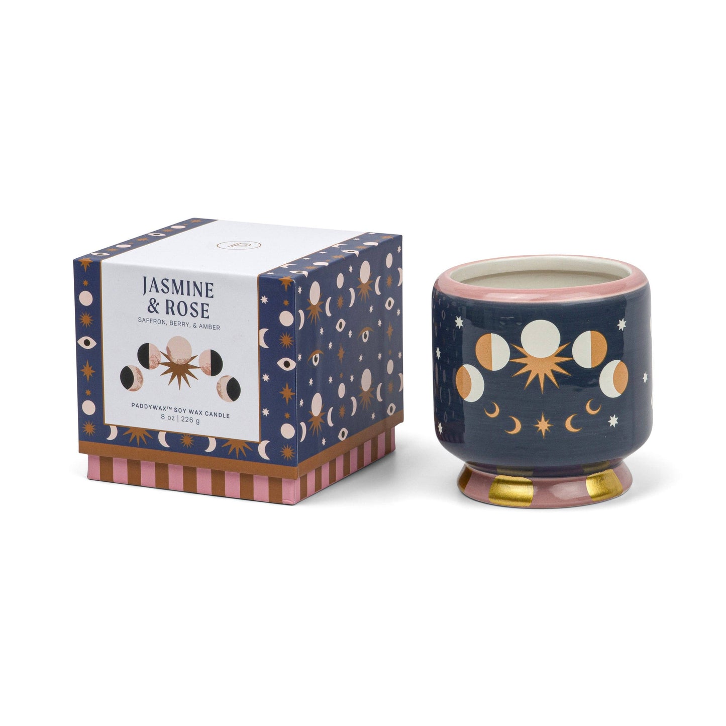 Ceramic candle with decorative design next to its box labeled 'Jasmine & Rose' on a white background