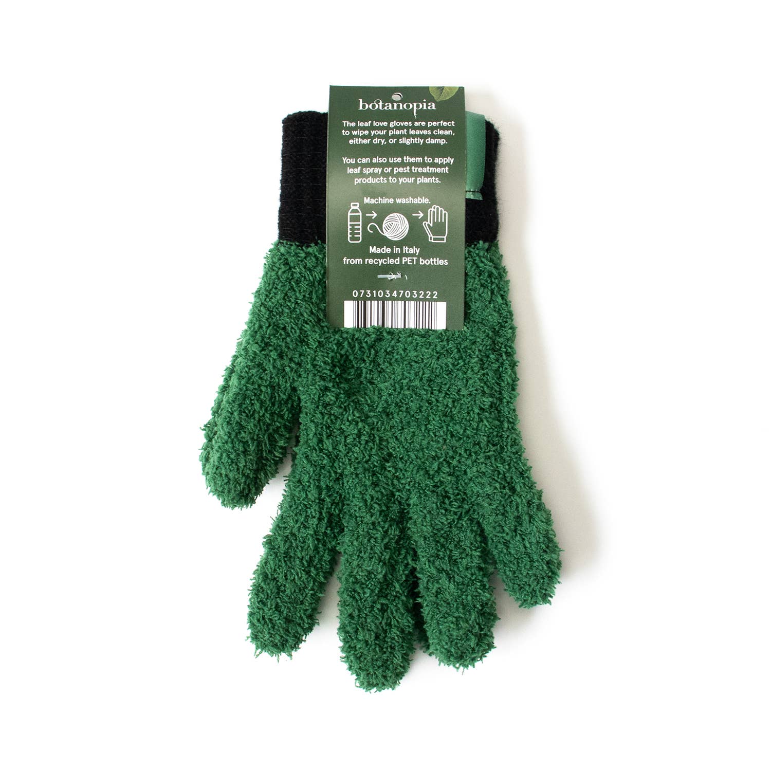 Green gardening gloves with a brand label on a white background