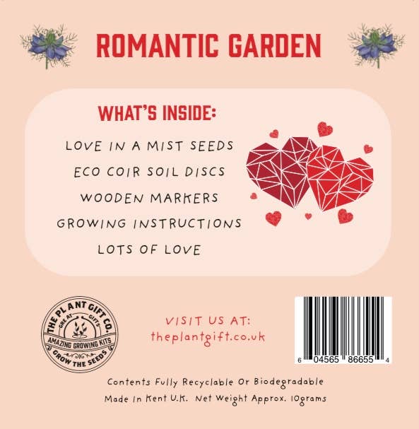 Product packaging for 'Romantic Garden' with text and branding elements.