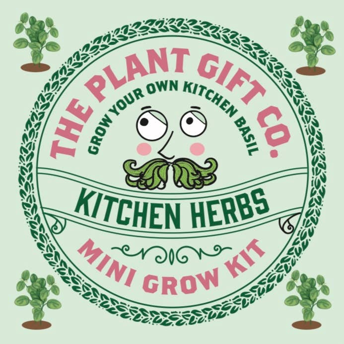 Promotional graphic for The Plant Gift Co. kitchen herb mini grow kit with cartoon basil character.