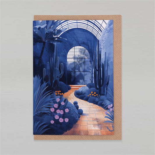 Greeting card with a stylized illustration of a garden path and archway on a gray background