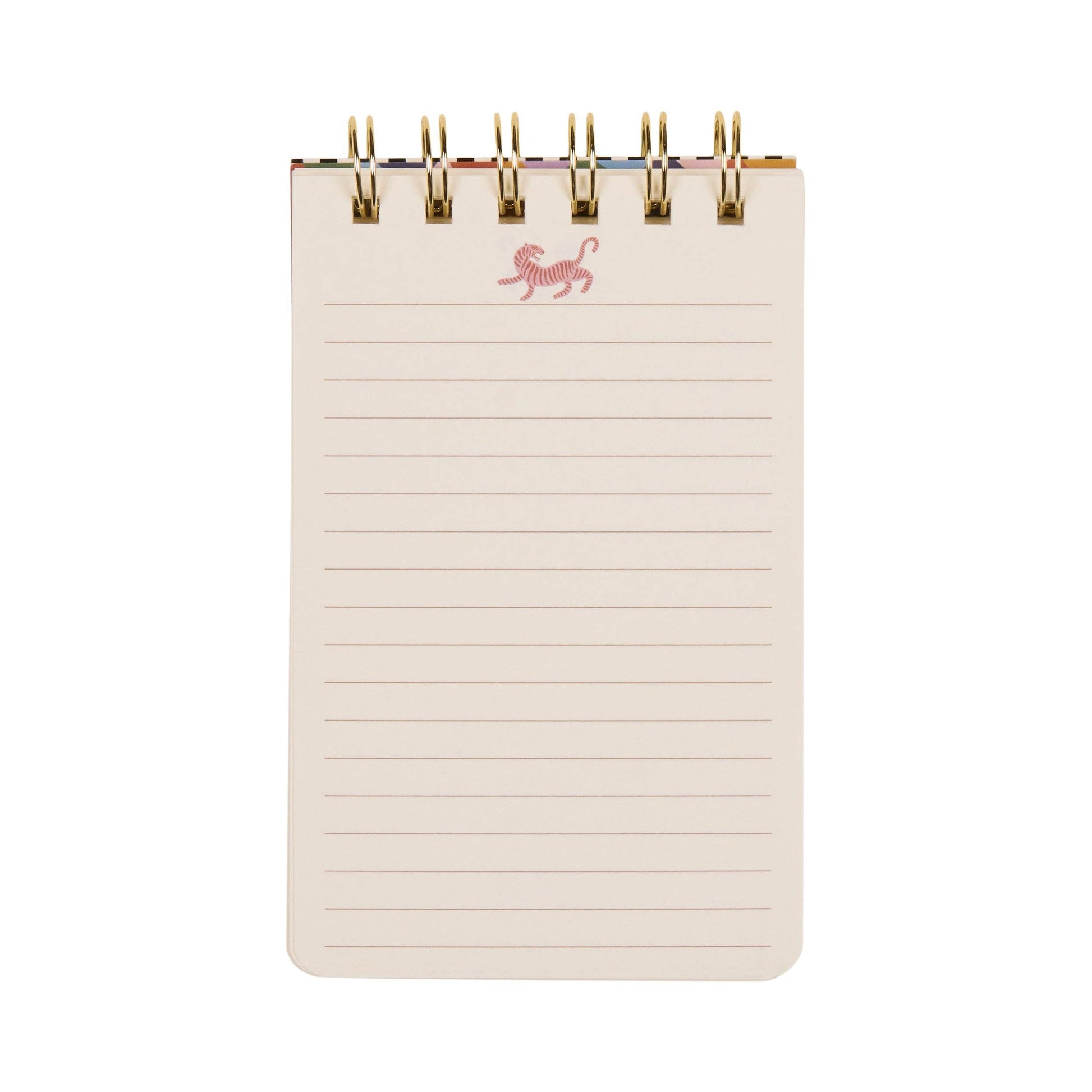Notebook with a gold ring binding and a small logo on a white background