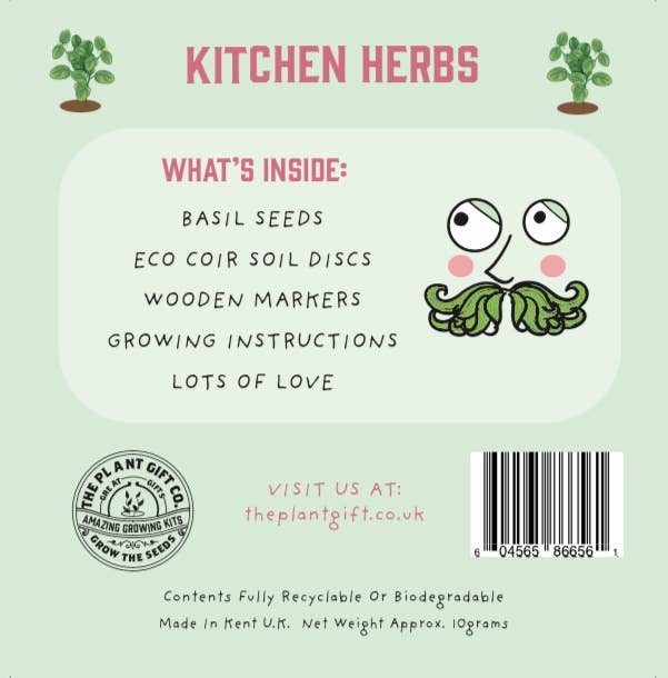 Back of a packaging for kitchen herbs with text and branding elements.