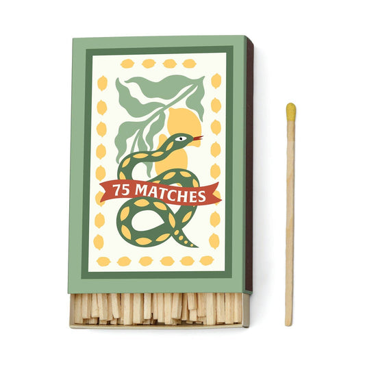 Matchbox with snake design and '75 Matches' text on a white background