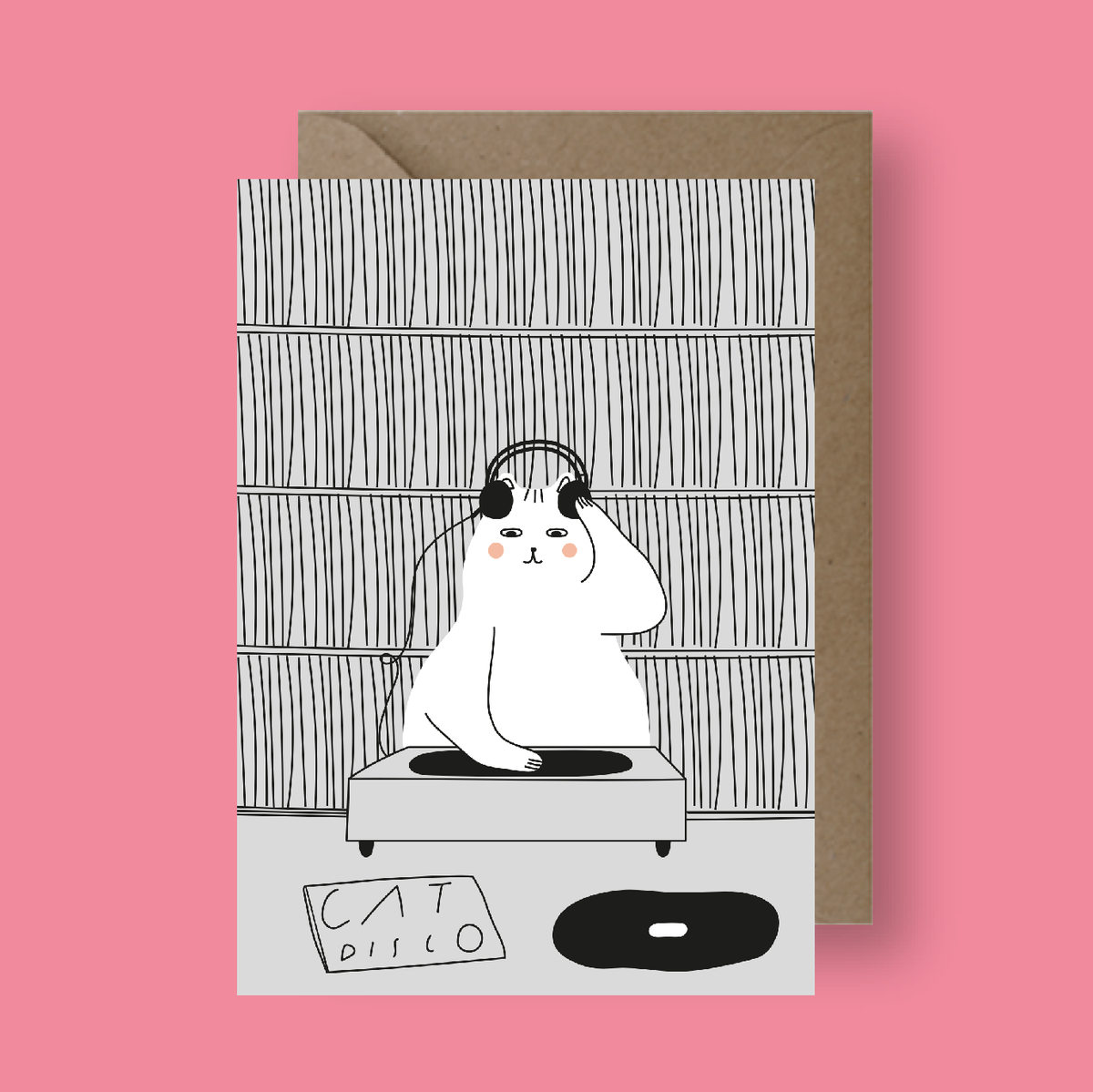 Greeting card with a cat illustration on a pink background